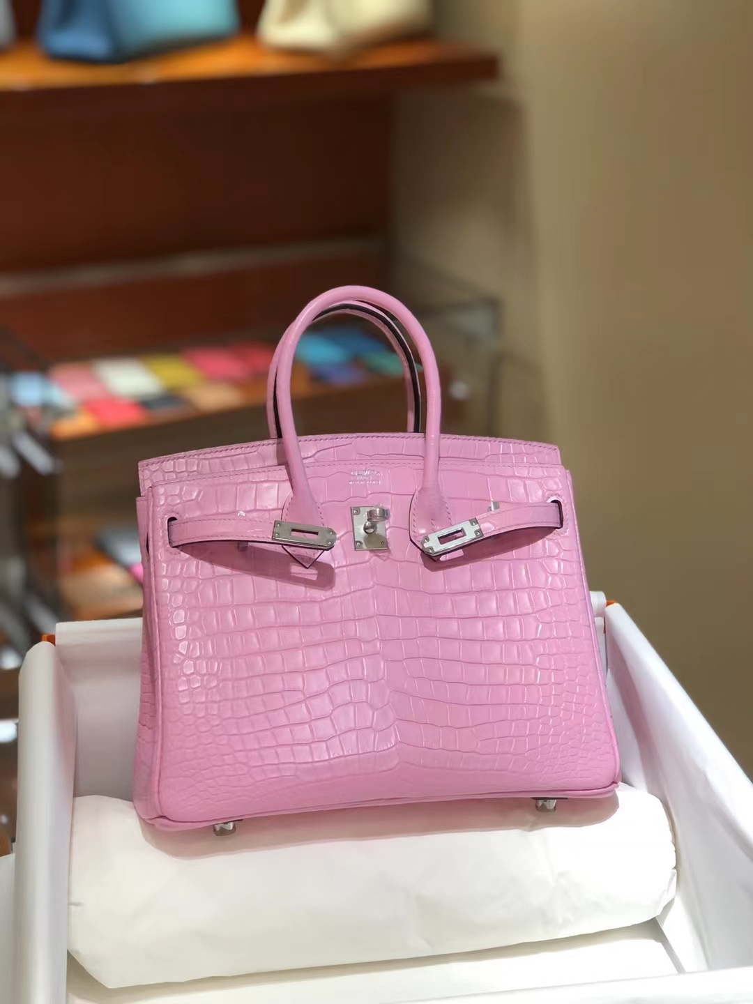 HERMES 爱马仕 Birkin 25CM 樱花粉 3Q Alligator 美洲鳄 进口蜜蜡线 全手工制作 蜜蜡线内缝 Birkinmm 铂金女王