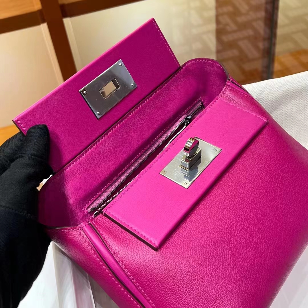 HERMES 爱马仕 【现货】 Kelly24/24 MINI 21CM 5J Fushsia悬铃花紫/桃红色 Evercolor拼Swift皮 现货 进口蜜蜡线 全手工制作 铂金女王 Birkinmm