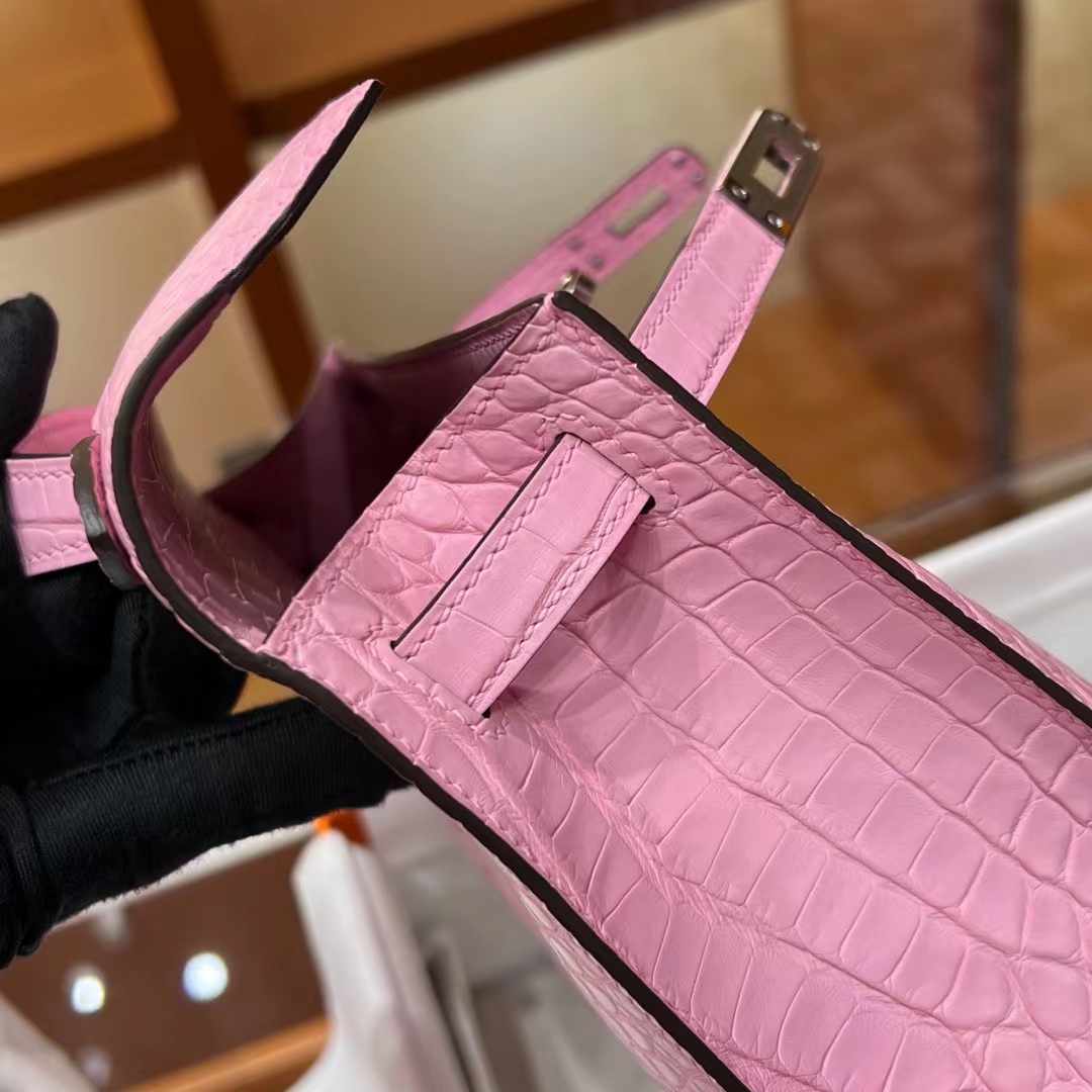 HERMES 爱马仕 MiniKelly 1 樱花粉 3Q Alligator 美洲鳄 进口蜜蜡线 全手工制作 蜜蜡线内缝 Birkinmm 铂金女王