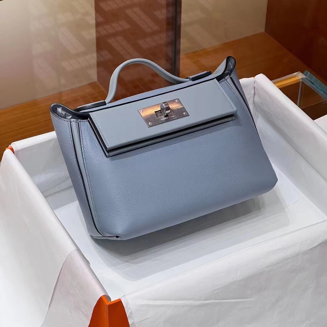 HERMES 爱马仕 【现货】 Kelly24/24 MINI 21CM J7 Bleu Un亚麻蓝 Evercolor拼Swift皮 现货 进口蜜蜡线 全手工制作 铂金女王 Birkinmm