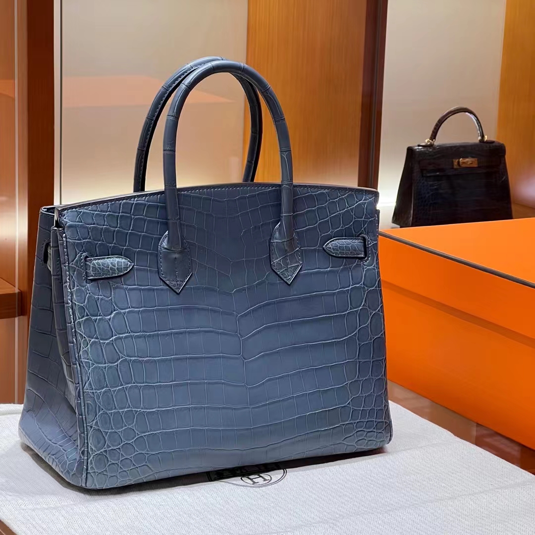 HERMES 爱马仕 【现货】 Birkin 30cm 75 Blue Jean牛仔蓝 哑光鳄鱼皮 进口蜜蜡线 全手工制作