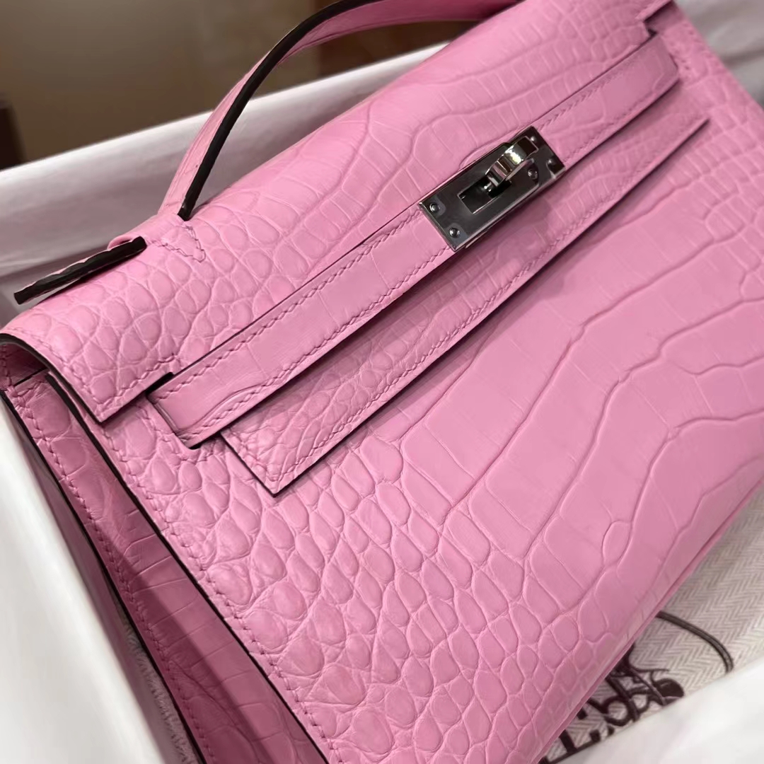 HERMES 爱马仕 MiniKelly 1 樱花粉 3Q Alligator 美洲鳄 进口蜜蜡线 全手工制作 蜜蜡线内缝 Birkinmm 铂金女王
