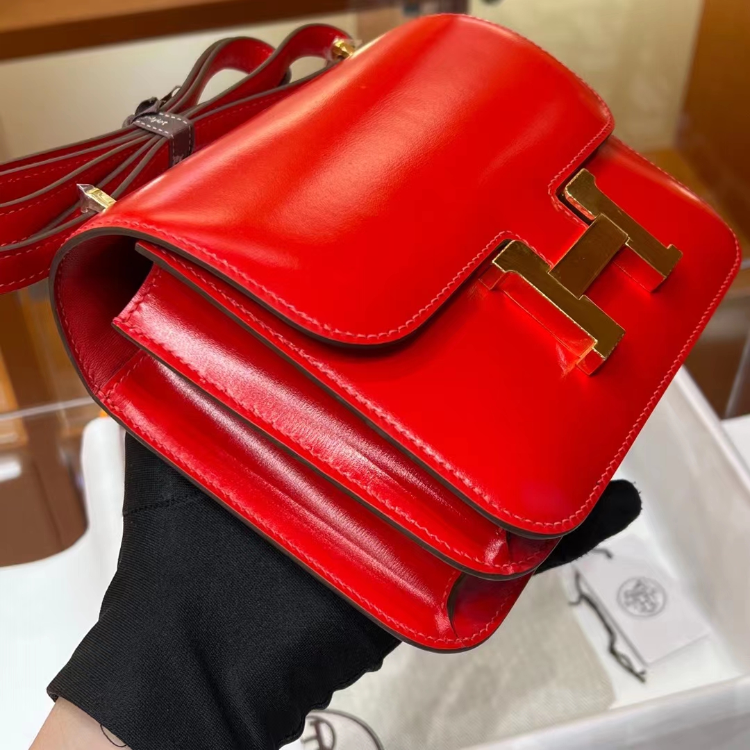 Birkinmm 铂金女王 HERMES 爱马仕 Constance 19CM BOX皮 S5 Rouge Tomate番茄红 进口蜜蜡线 全手工制作