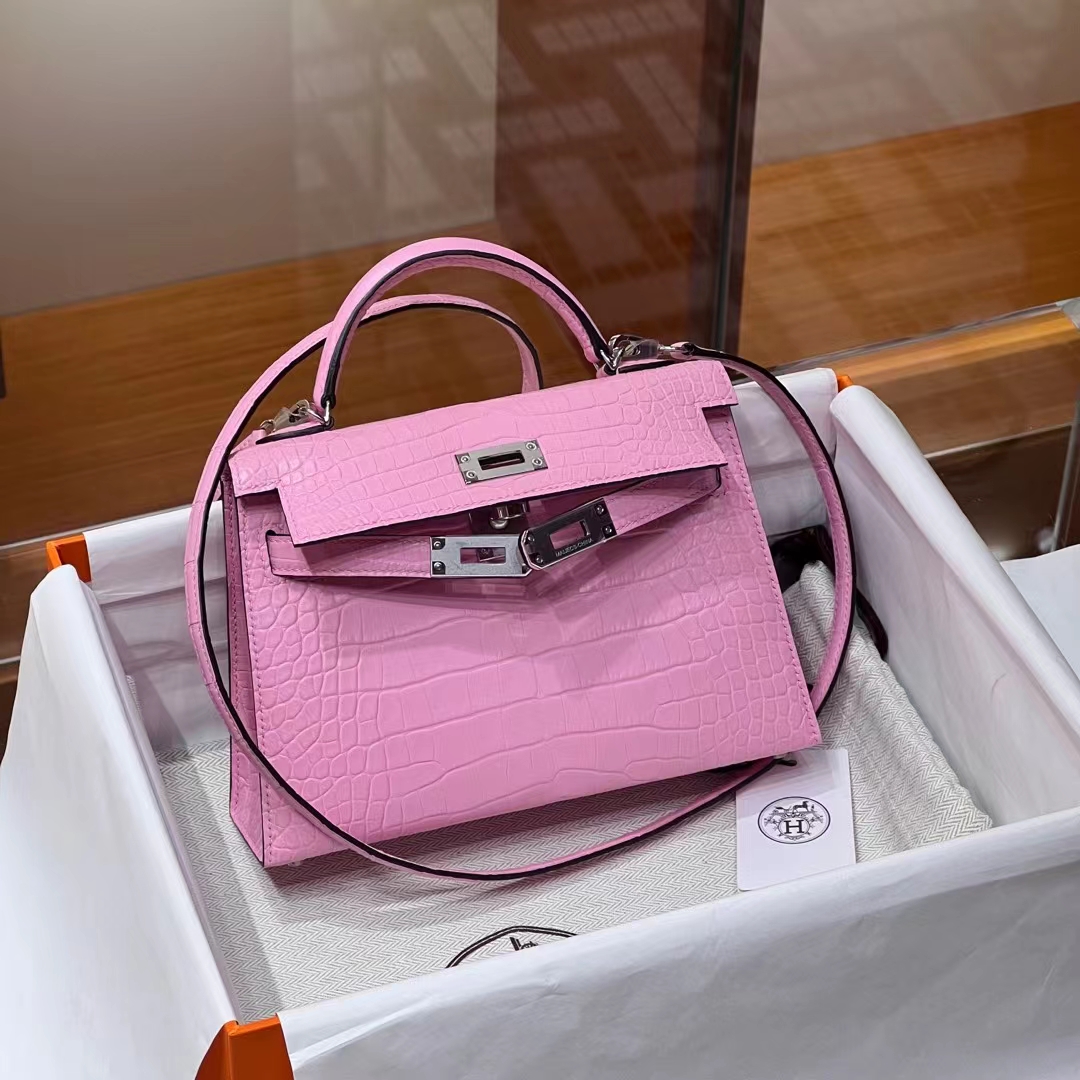 HERMES 爱马仕 MiniKelly 2 樱花粉 3Q Alligator 美洲鳄 进口蜜蜡线 全手工制作 蜜蜡线内缝 Birkinmm 铂金女王