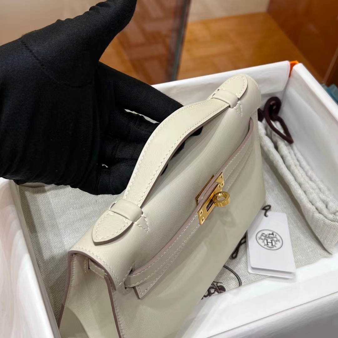 HERMES 爱马仕 MiniKelly 1 Kelly Pochetto 10 Craie粉笔白【现货】Swift  现货 进口蜜蜡线 全手工制作 铂金女王 Birkinmm