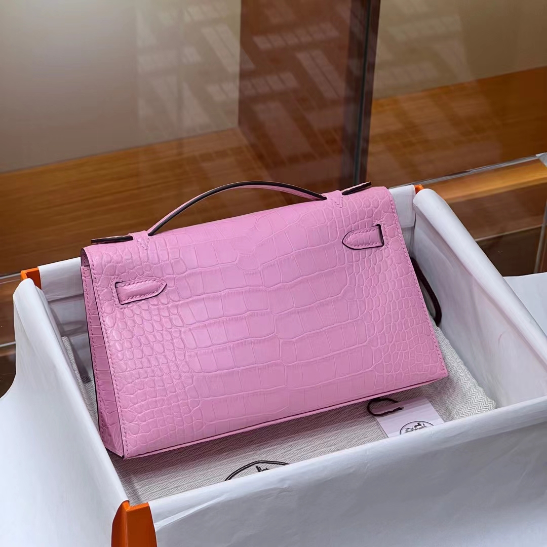 HERMES 爱马仕 MiniKelly 1 樱花粉 3Q Alligator 美洲鳄 进口蜜蜡线 全手工制作 蜜蜡线内缝 Birkinmm 铂金女王