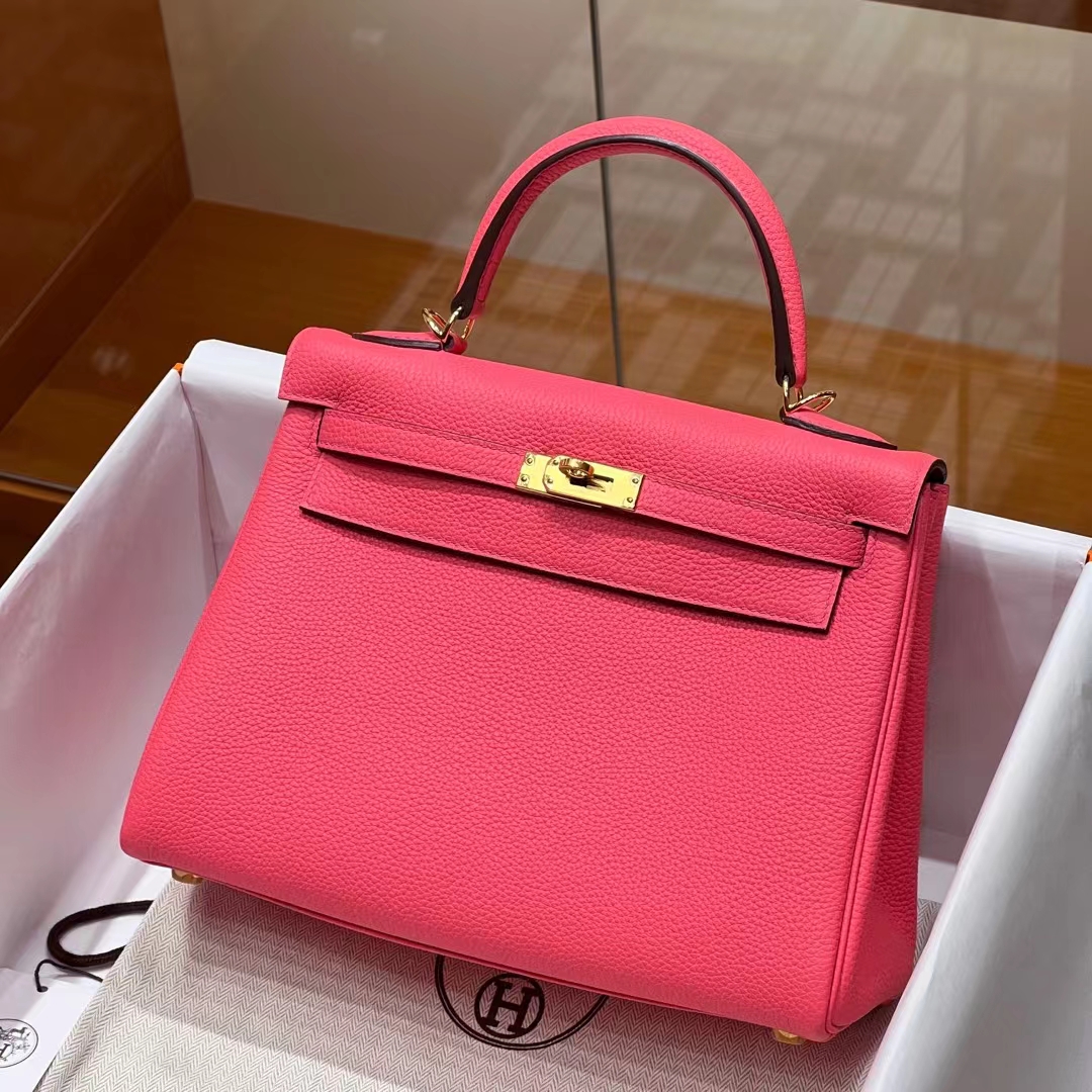 HERMES 爱马仕 Kelly 25cm U5 Rose eLipstick唇膏粉 TOGO牛皮 进口蜜蜡线 全手工制作 蜜蜡线内缝 Birkinmm 铂金女王