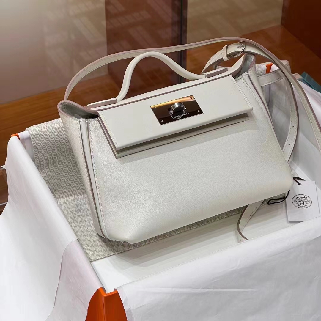 HERMES 爱马仕 【现货】 Kelly24/24 MINI 21CM Craie 10 奶昔白 Evercolor拼Swift皮 现货 进口蜜蜡线 全手工制作 铂金女王 Birkinmm