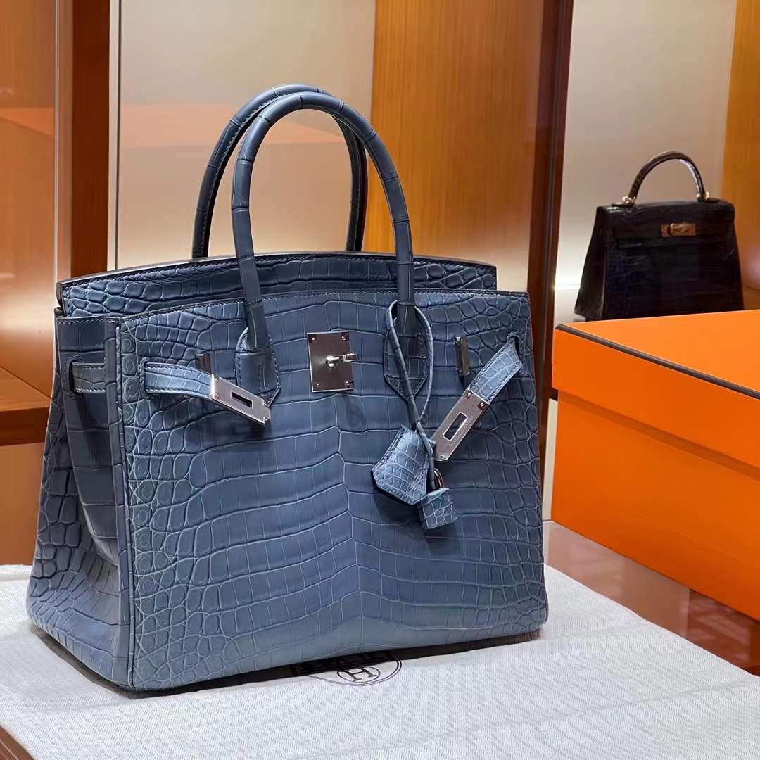 HERMES 爱马仕 【现货】 Birkin 30cm 75 Blue Jean牛仔蓝 哑光鳄鱼皮 进口蜜蜡线 全手工制作