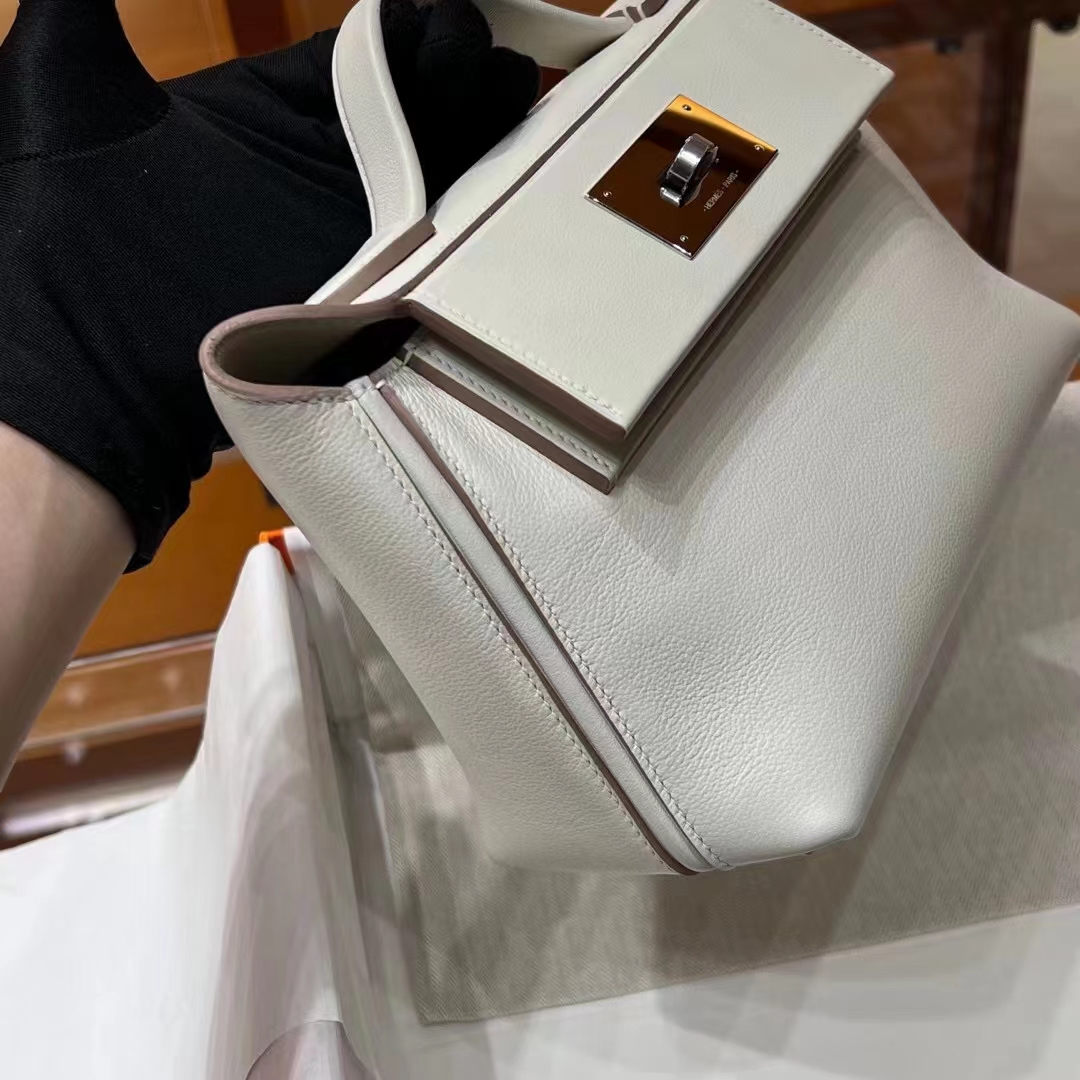 HERMES 爱马仕 【现货】 Kelly24/24 MINI 21CM Craie 10 奶昔白 Evercolor拼Swift皮 现货 进口蜜蜡线 全手工制作 铂金女王 Birkinmm