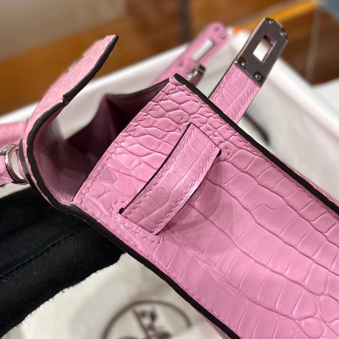 HERMES 爱马仕 MiniKelly 2 樱花粉 3Q Alligator 美洲鳄 进口蜜蜡线 全手工制作 蜜蜡线内缝 Birkinmm 铂金女王