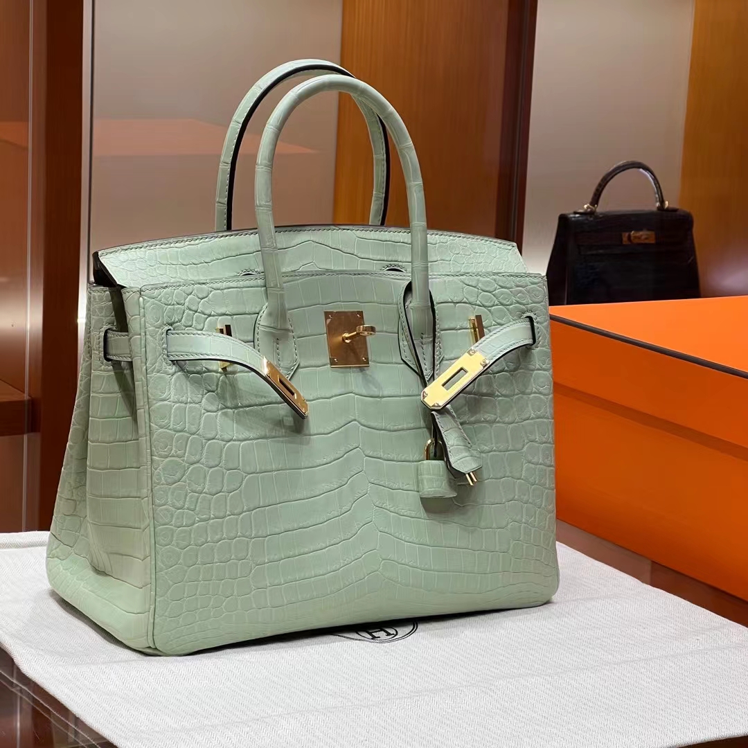 HERMES 爱马仕 【现货】 Birkin 30cm 3i牛油果 哑光鳄鱼皮 进口蜜蜡线 全手工制作 高定真钻铂金包