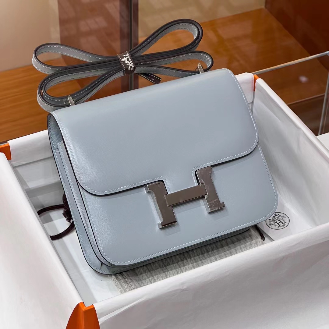 Birkinmm 铂金女王 HERMES 爱马仕 Constance 19CM BOX皮 J7 Bleu Un亚麻蓝 进口蜜蜡线 全手工制作