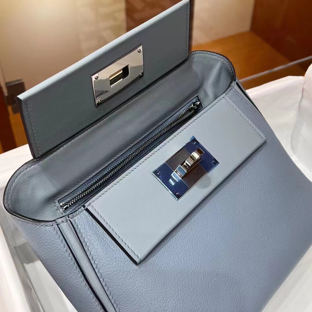 HERMES 爱马仕 【现货】 Kelly24/24 MINI 21CM J7 Bleu Un亚麻蓝 Evercolor拼Swift皮 现货 进口蜜蜡线 全手工制作 铂金女王 Birkinmm