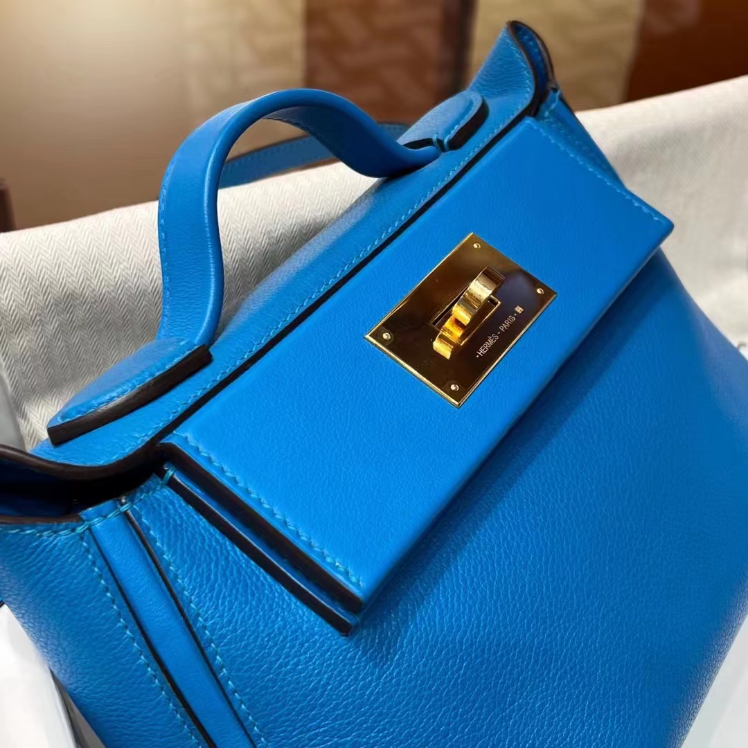 HERMES 爱马仕 【现货】 Kelly24/24 MINI 21CM 71 Bleu France法国蓝 Evercolor拼Swift皮 现货 进口蜜蜡线 全手工制作 铂金女王 Birkinmm