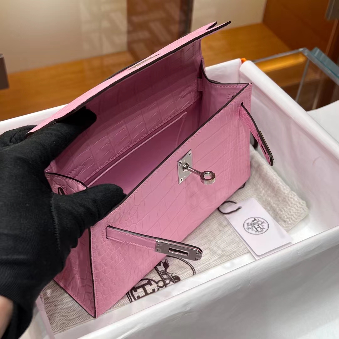 HERMES 爱马仕 MiniKelly 1 樱花粉 3Q Alligator 美洲鳄 进口蜜蜡线 全手工制作 蜜蜡线内缝 Birkinmm 铂金女王