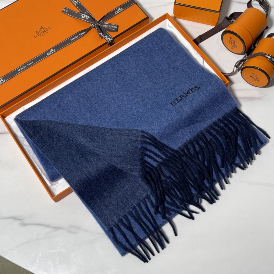 HERMES 爱马仕 秋冬新款羊绒围巾 宝蓝色 两用AB面 情侣款 男女通用 30*180cm 5A级纯羊绒 原版全套包装 Birkinmm 铂金女王