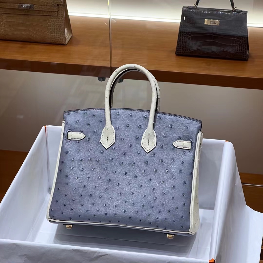 HERMES 爱马仕 Birkin 25CM Ostrich 鸵鸟皮 8U Bleu Glacler 冰川蓝 10 Craie粉笔白 进口蜜蜡线 全手工制作