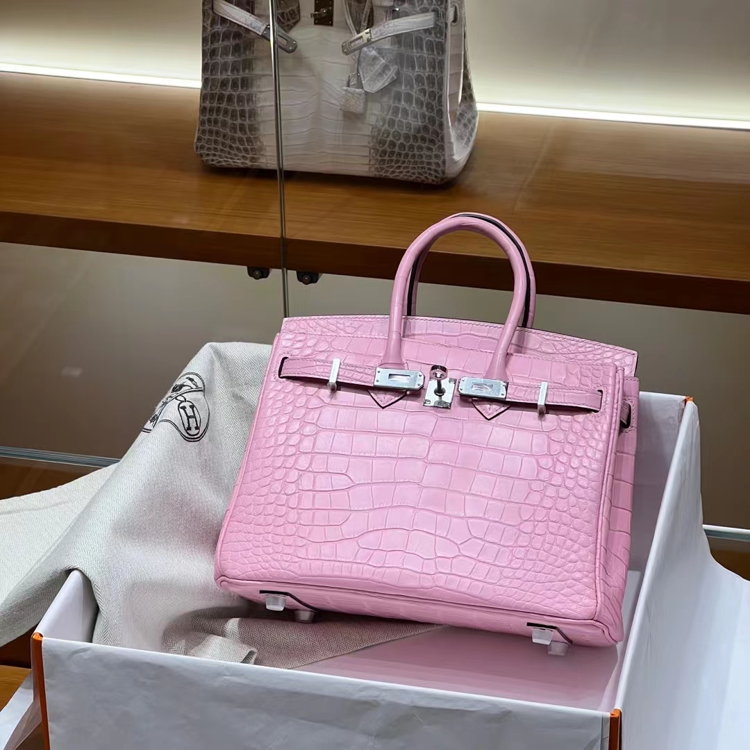 HERMES 爱马仕 Birkin 25CM 5P 樱花粉 Alligator 美洲鳄 进口蜜蜡线 全手工制作 蜜蜡线内缝 Birkinmm 铂金女王