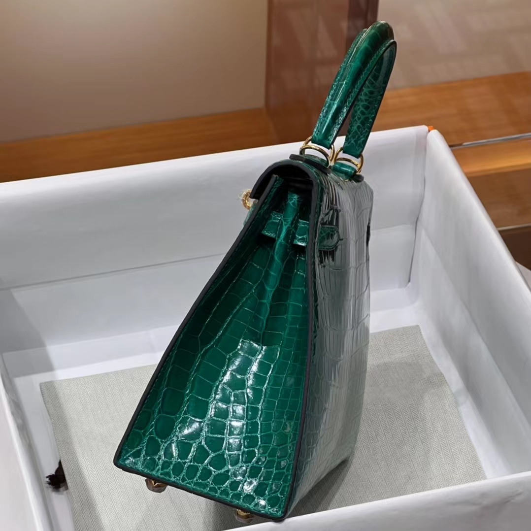 HERMES 爱马仕 Kelly 25/28cm 6Q Vert Emeraude宝石绿 Alligator 美洲鳄 进口蜜蜡线 全手工制作 蜜蜡线内缝 Birkinmm 铂金女王