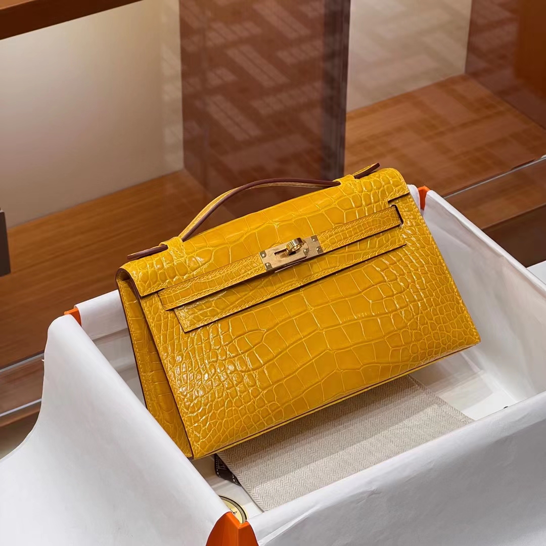 HERMES 爱马仕 MiniKelly 1 9D 琥珀黄 Alligator 美洲鳄 进口蜜蜡线 全手工制作 蜜蜡线内缝 Birkinmm 铂金女王