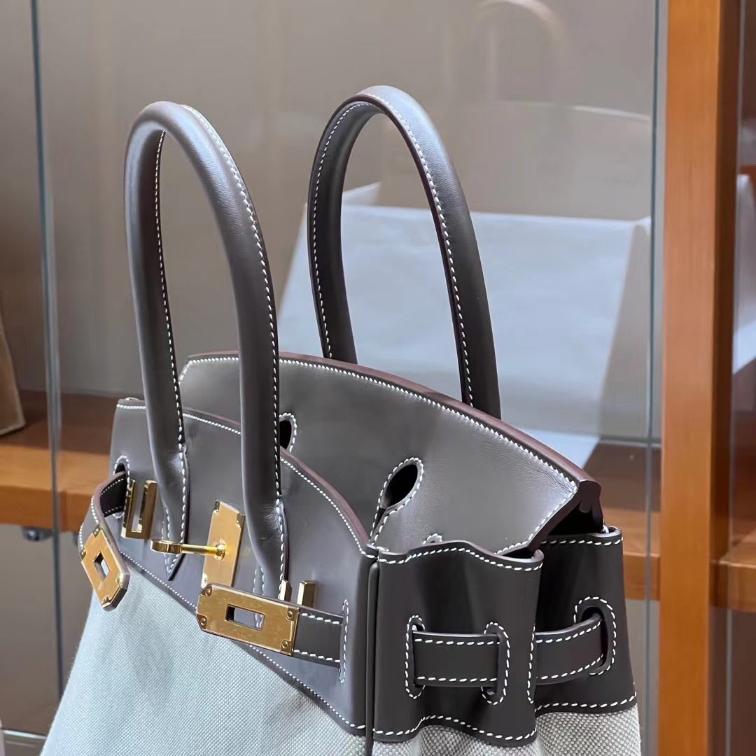 HERMES 爱马仕 Birkin 30CM 8C Gri Elephant 大象灰 帆布拼Swift 进口蜜蜡线 全手工制作 蜜蜡线内缝 Birkinmm 铂金女王