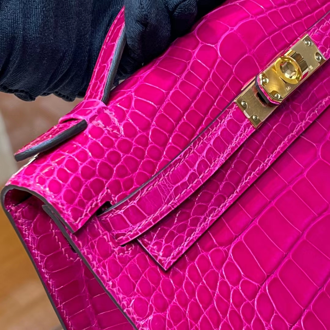 HERMES 爱马仕 MiniKelly 1 5J Fushsia 桃红色 Alligator 美洲鳄 进口蜜蜡线 全手工制作 蜜蜡线内缝 Birkinmm 铂金女王