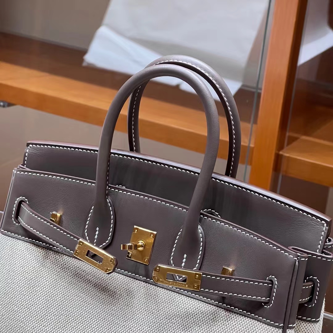 HERMES 爱马仕 Birkin 35CM 8C Gri Elephant 大象灰 帆布拼Swift 进口蜜蜡线 全手工制作 蜜蜡线内缝 Birkinmm 铂金女王