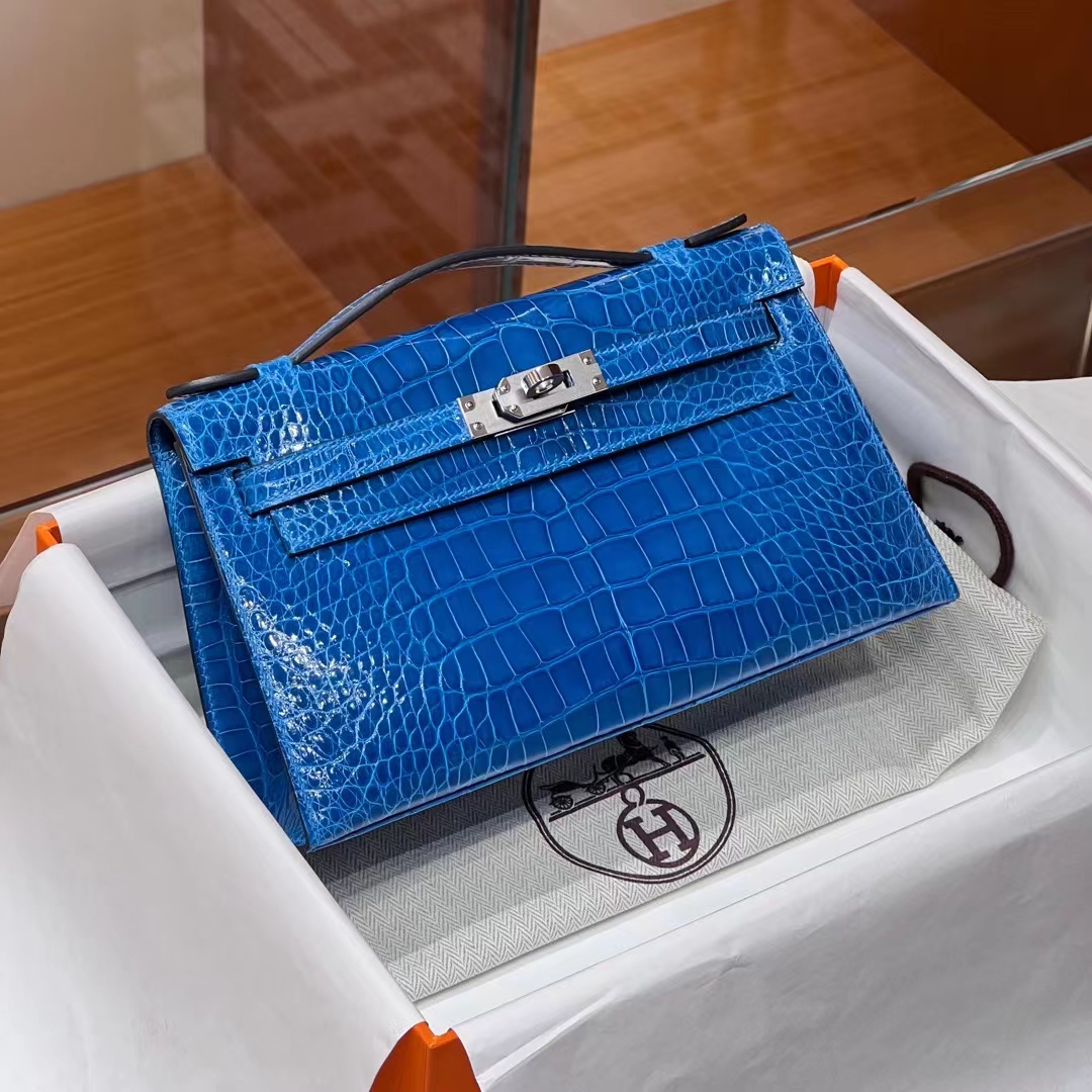 HERMES 爱马仕 MiniKelly 1 7W Bleu Izmir 伊玆密尔蓝 Alligator 美洲鳄 进口蜜蜡线 全手工制作 蜜蜡线内缝 Birkinmm 铂金女王
