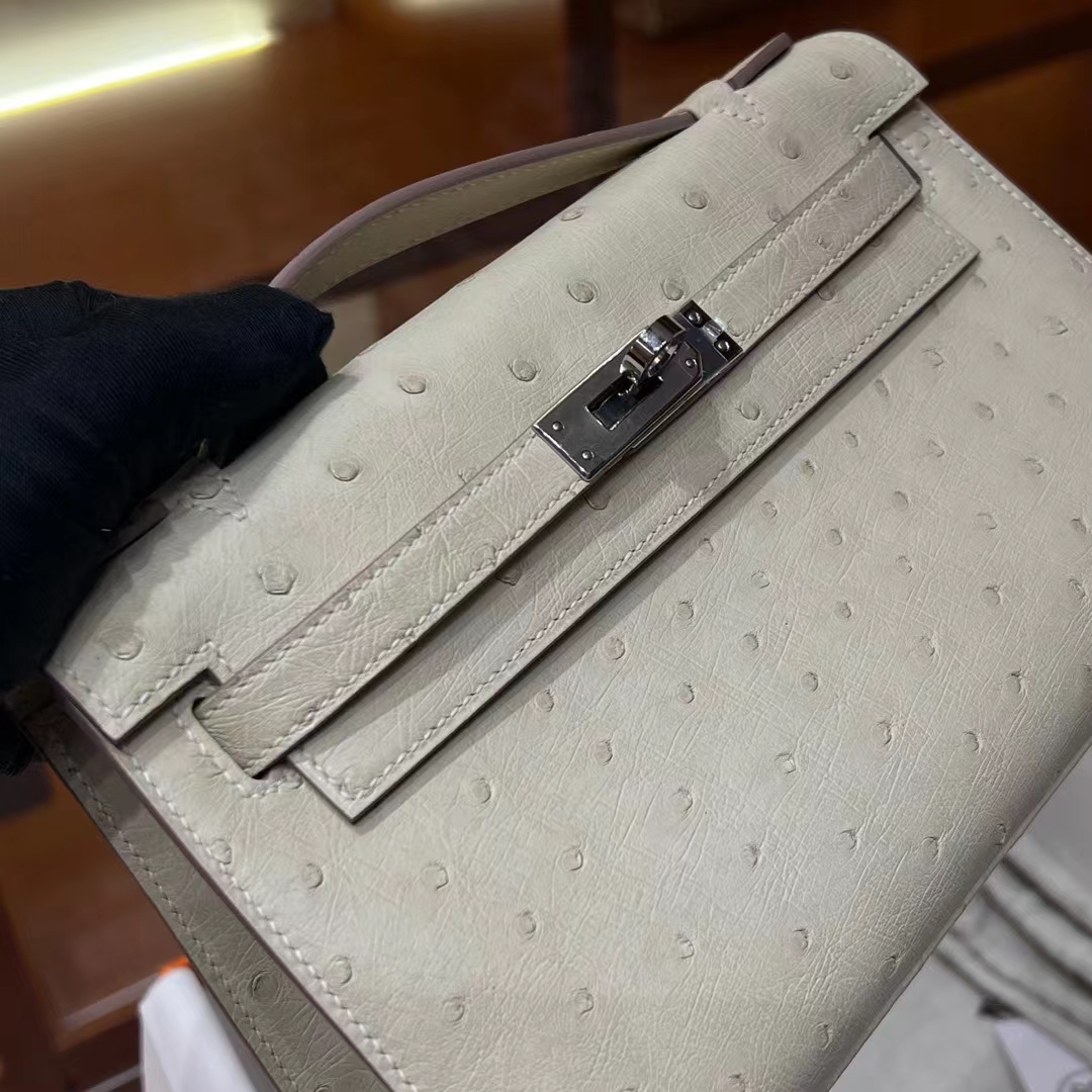 HERMES 爱马仕  MiniKelly 1 Ostrich 鸵鸟皮 80 Gris Perle 珍珠灰 进口蜜蜡线 全手工制作