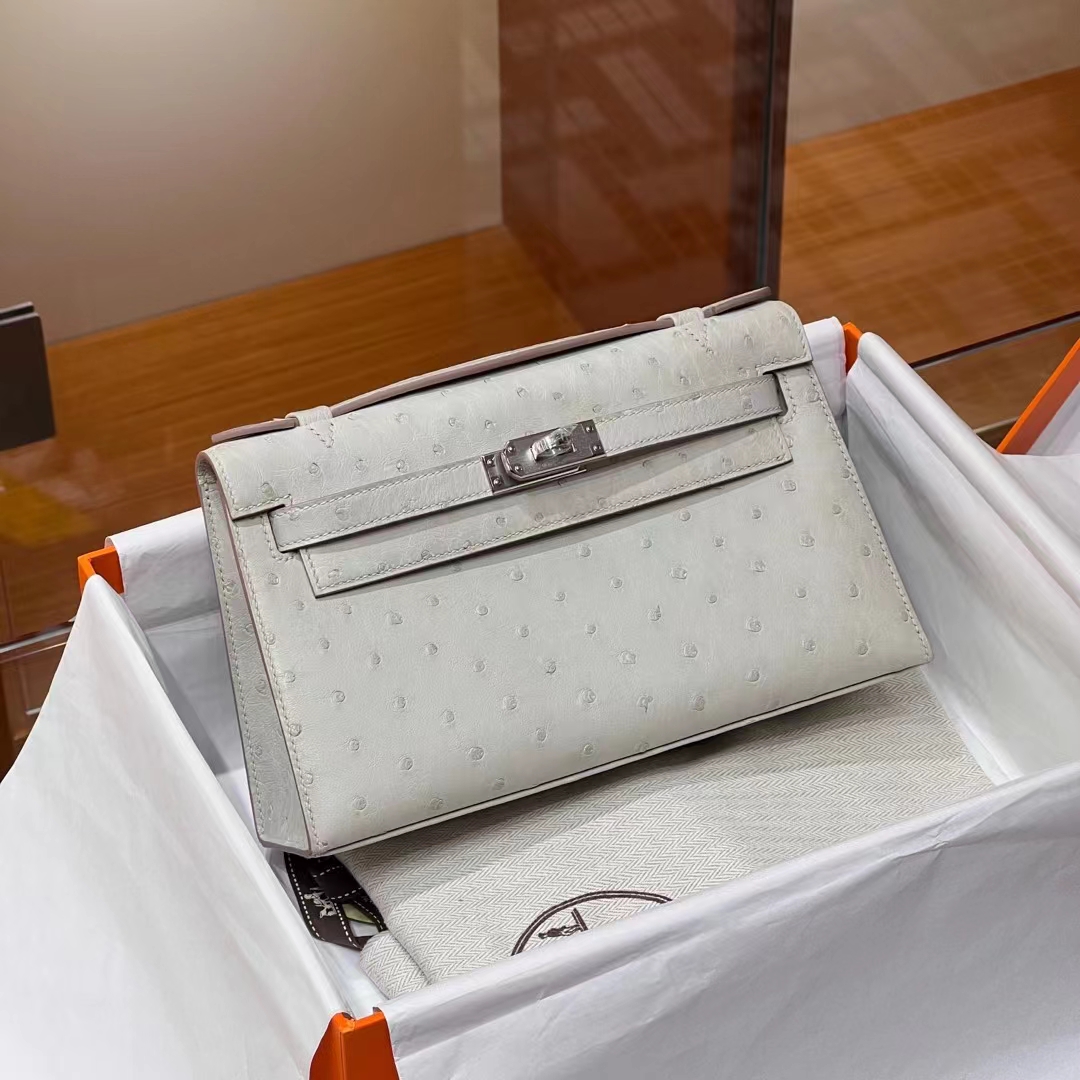 HERMES 爱马仕  MiniKelly 1 Ostrich 鸵鸟皮 8L Beton 冰川灰 进口蜜蜡线 全手工制作