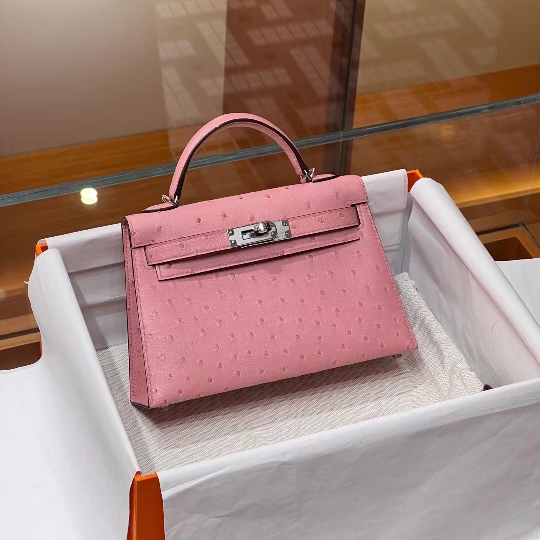 HERMES 爱马仕  MiniKelly 2 Ostrich 鸵鸟皮 94 陶瓷粉 进口蜜蜡线 全手工制作