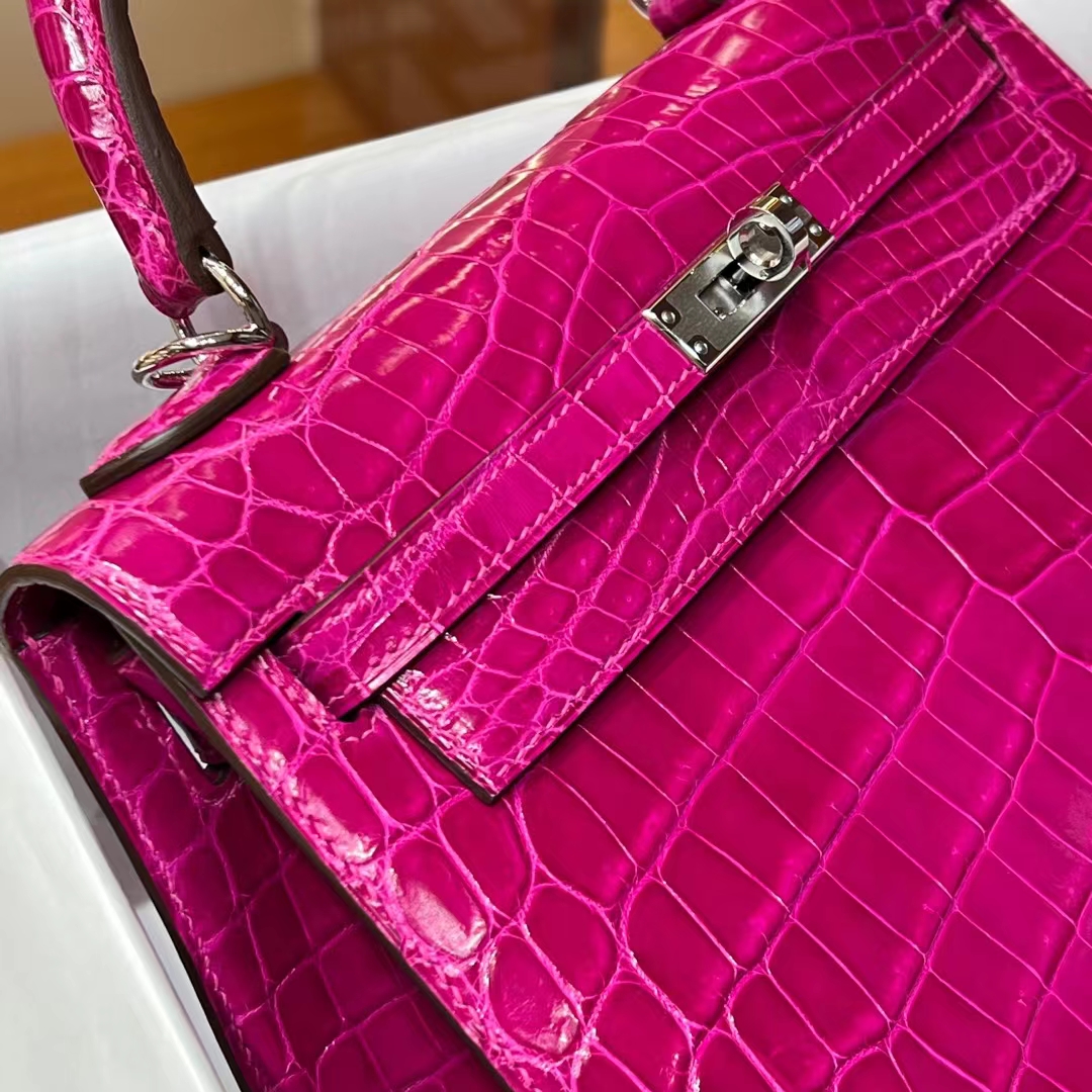HERMES 爱马仕 Kelly 25/28cm 5J Fushsia悬铃花紫/天方夜谭紫 Alligator 美洲鳄 进口蜜蜡线 全手工制作 蜜蜡线内缝 Birkinmm 铂金女王