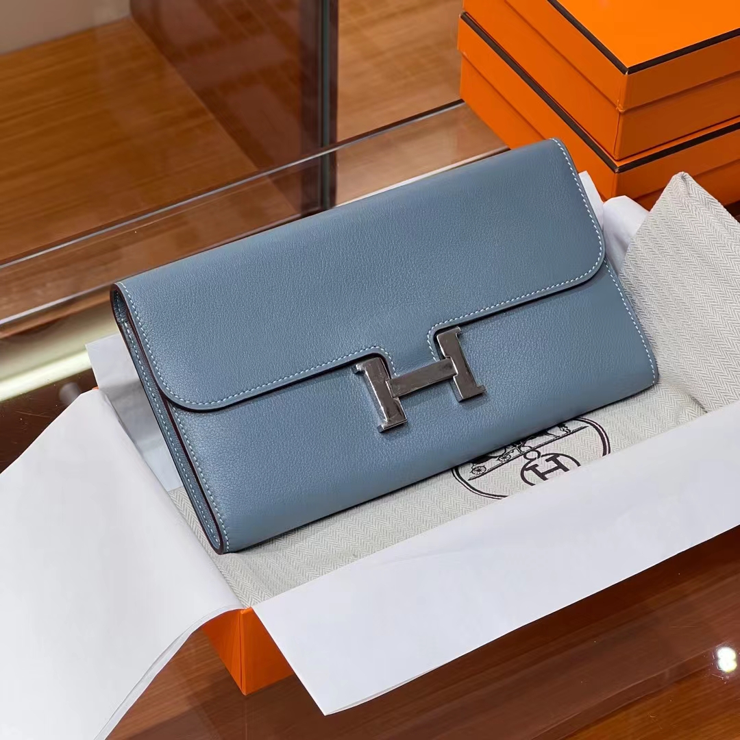 HERMES 爱马仕 Constance钱包 J7 Bleu Un亚麻蓝 Swift 进口蜜蜡线 全手工制作 蜜蜡线内缝 Birkinmm 铂金女王
