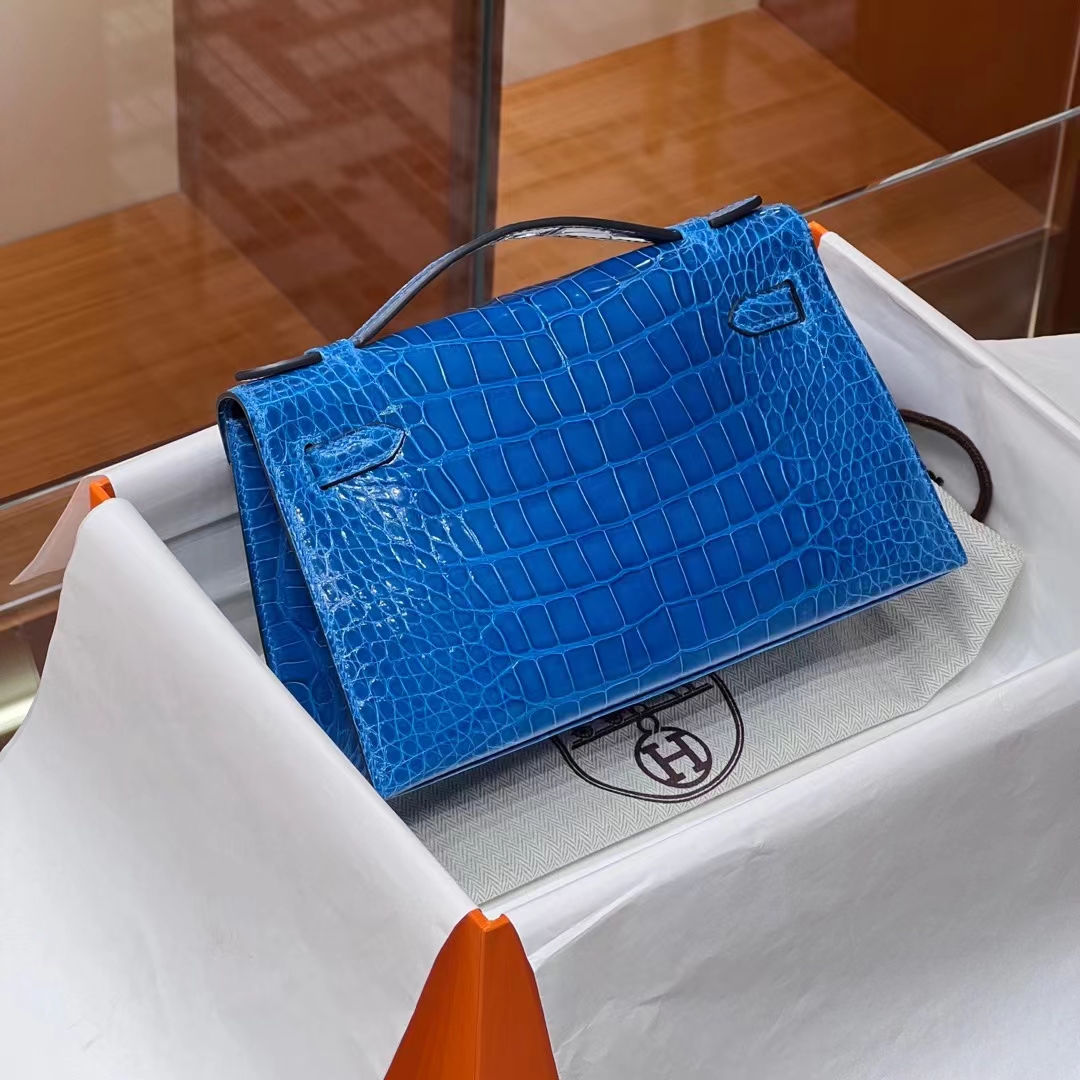 HERMES 爱马仕 MiniKelly 1 7W Bleu Izmir 伊玆密尔蓝 Alligator 美洲鳄 进口蜜蜡线 全手工制作 蜜蜡线内缝 Birkinmm 铂金女王