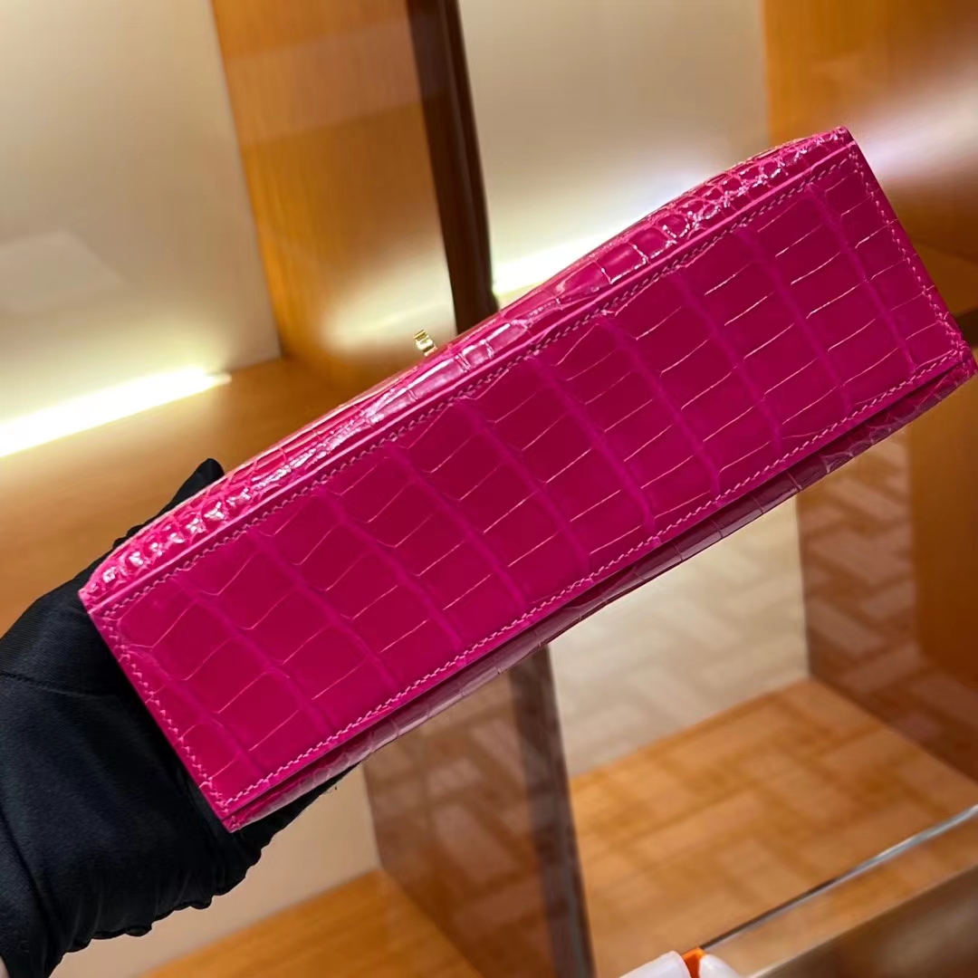 HERMES 爱马仕 MiniKelly 1 5J Fushsia 桃红色 Alligator 美洲鳄 进口蜜蜡线 全手工制作 蜜蜡线内缝 Birkinmm 铂金女王
