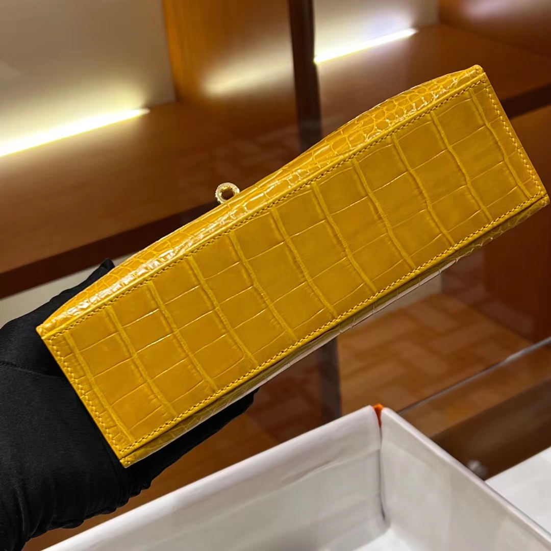 HERMES 爱马仕 MiniKelly 1 9D 琥珀黄 Alligator 美洲鳄 进口蜜蜡线 全手工制作 蜜蜡线内缝 Birkinmm 铂金女王