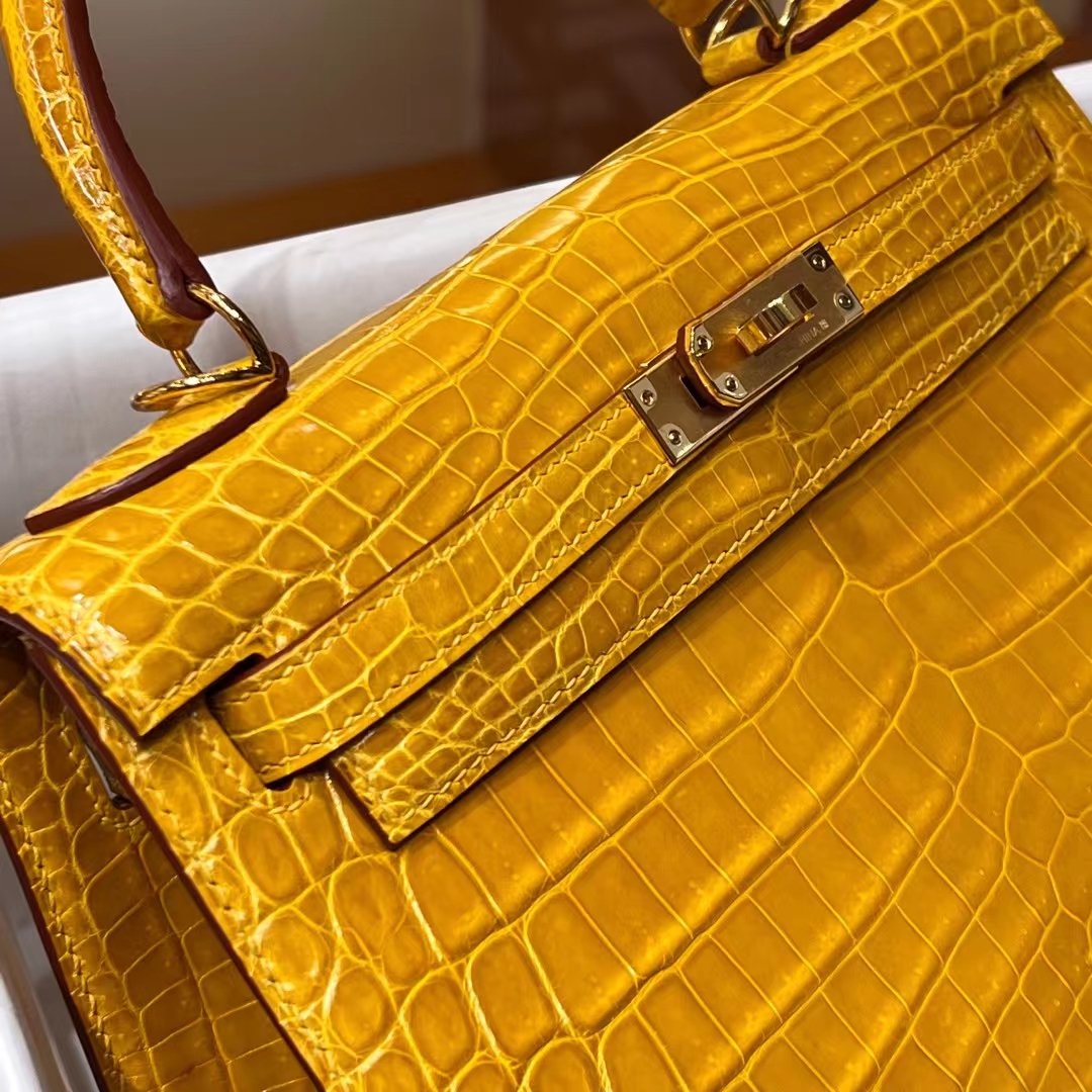 HERMES 爱马仕 Kelly 25/28cm 9D 琥珀黄 Alligator 美洲鳄 进口蜜蜡线 全手工制作 蜜蜡线内缝 Birkinmm 铂金女王