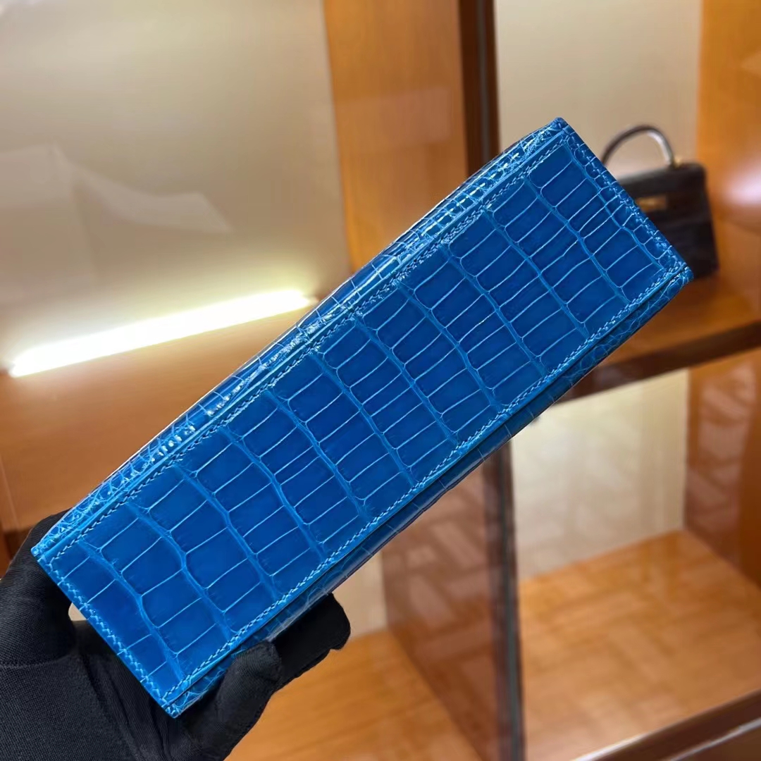 HERMES 爱马仕 MiniKelly 1 7W Bleu Izmir 伊玆密尔蓝 Alligator 美洲鳄 进口蜜蜡线 全手工制作 蜜蜡线内缝 Birkinmm 铂金女王