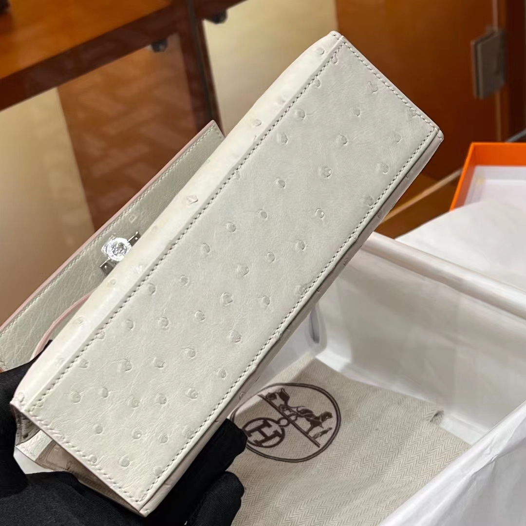 HERMES 爱马仕  MiniKelly 1 Ostrich 鸵鸟皮 8L Beton 冰川灰 进口蜜蜡线 全手工制作