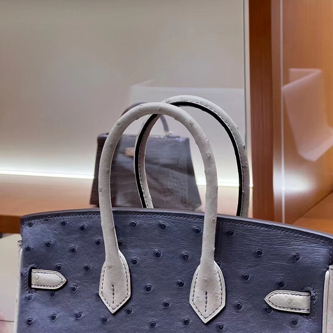 HERMES 爱马仕 Birkin 25CM Ostrich 鸵鸟皮 8U Bleu Glacler 冰川蓝 10 Craie粉笔白 进口蜜蜡线 全手工制作
