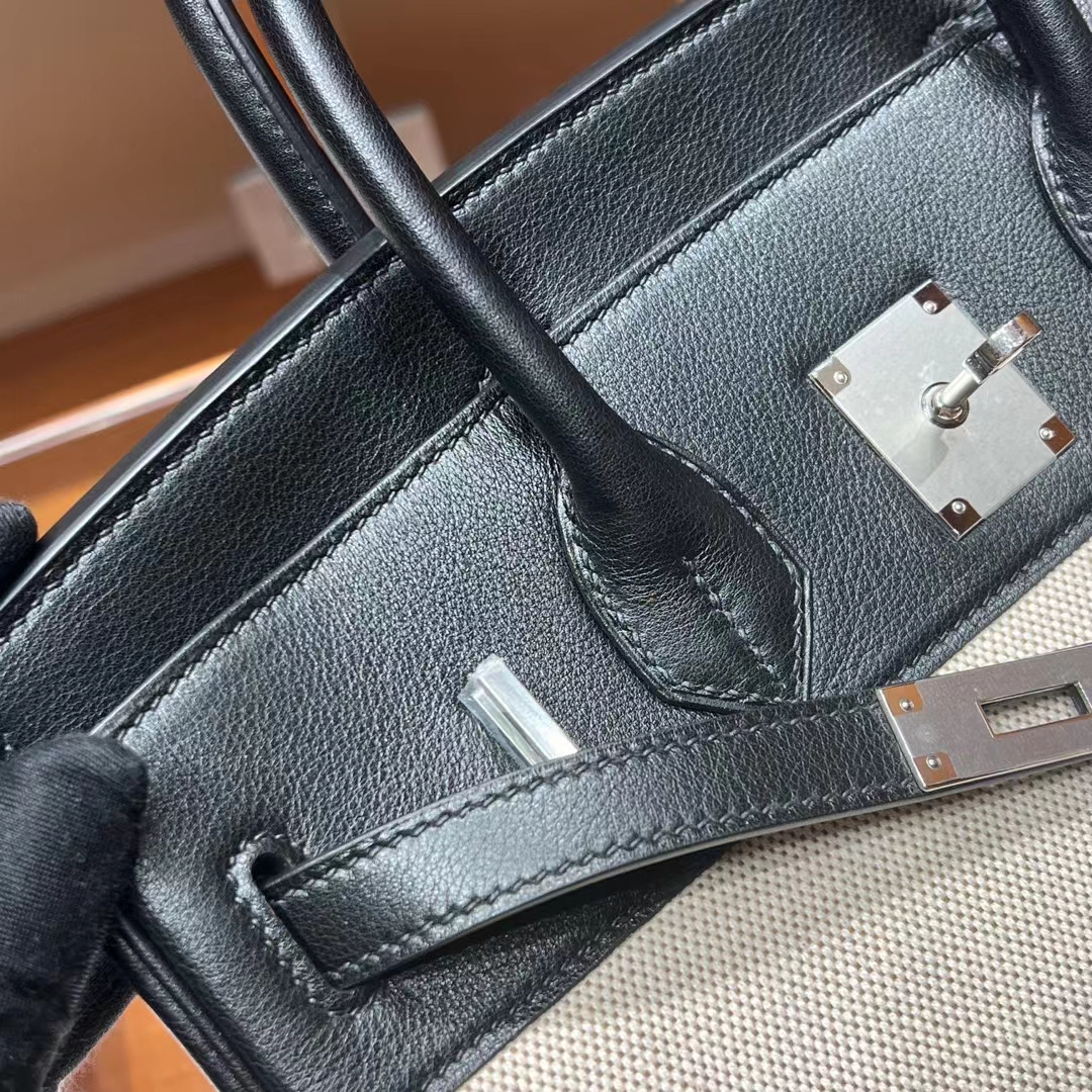 HERMES 爱马仕 Birkin 30CM 89 Nior 黑色 帆布拼Swift 进口蜜蜡线 全手工制作 蜜蜡线内缝 Birkinmm 铂金女王