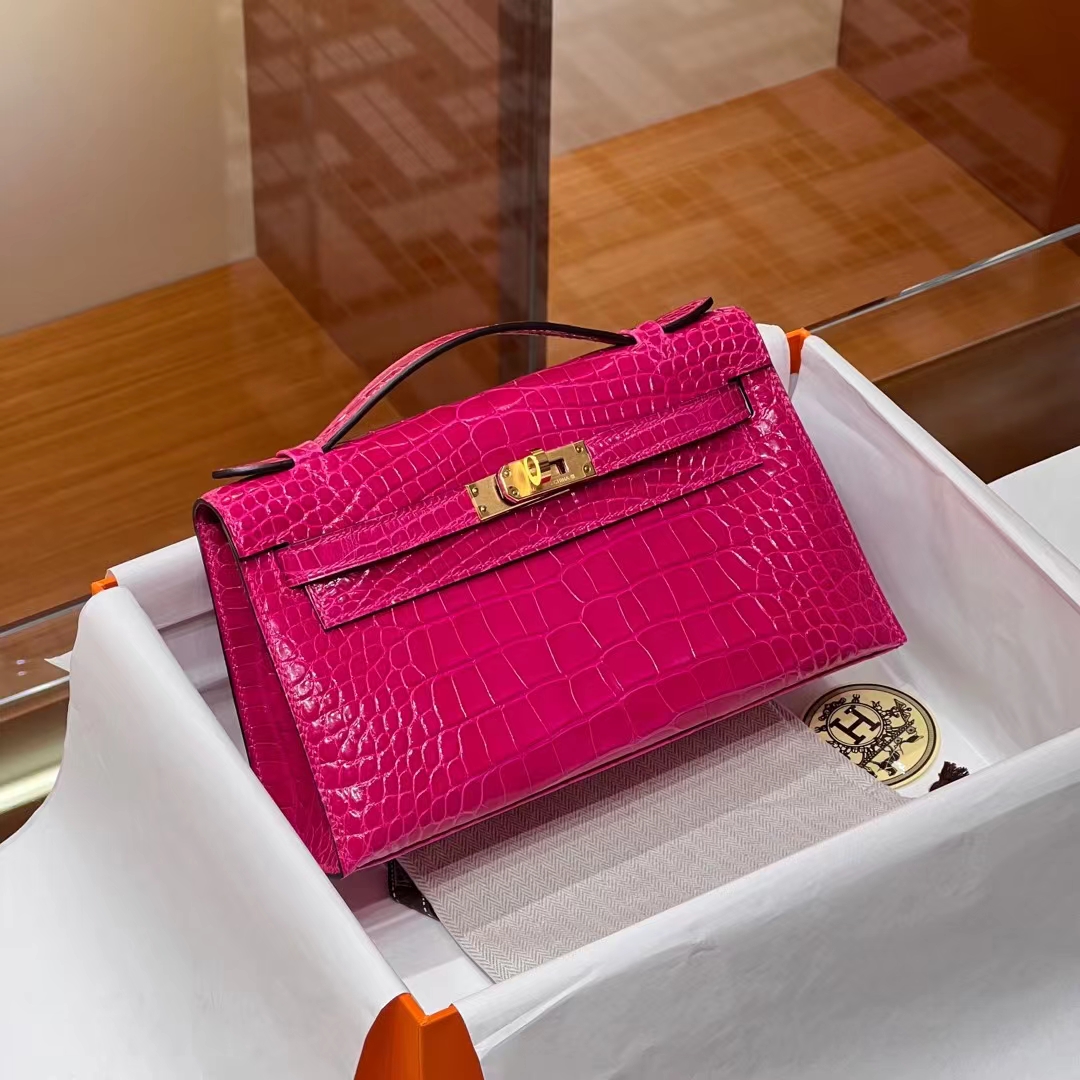 HERMES 爱马仕 MiniKelly 1 5J Fushsia 桃红色 Alligator 美洲鳄 进口蜜蜡线 全手工制作 蜜蜡线内缝 Birkinmm 铂金女王