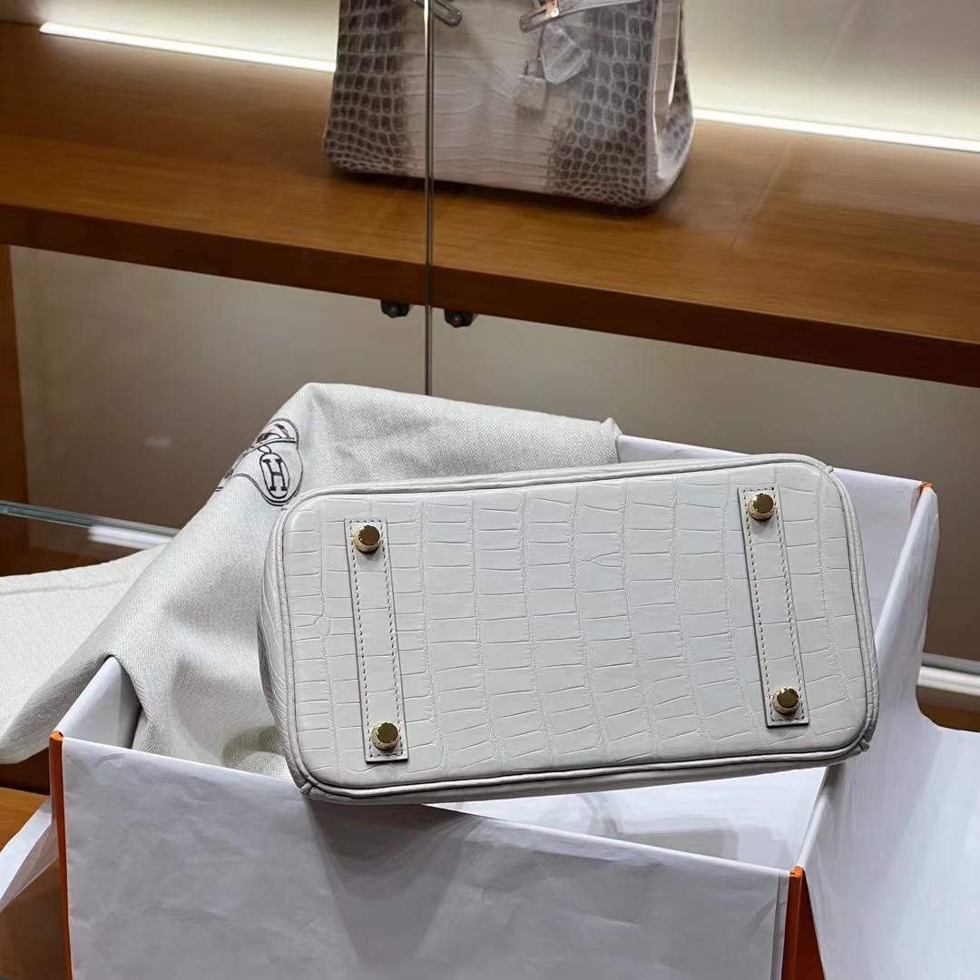 HERMES 爱马仕 Birkin 25CM 8L 冰川白 Alligator 美洲鳄 进口蜜蜡线 全手工制作 蜜蜡线内缝 Birkinmm 铂金女王