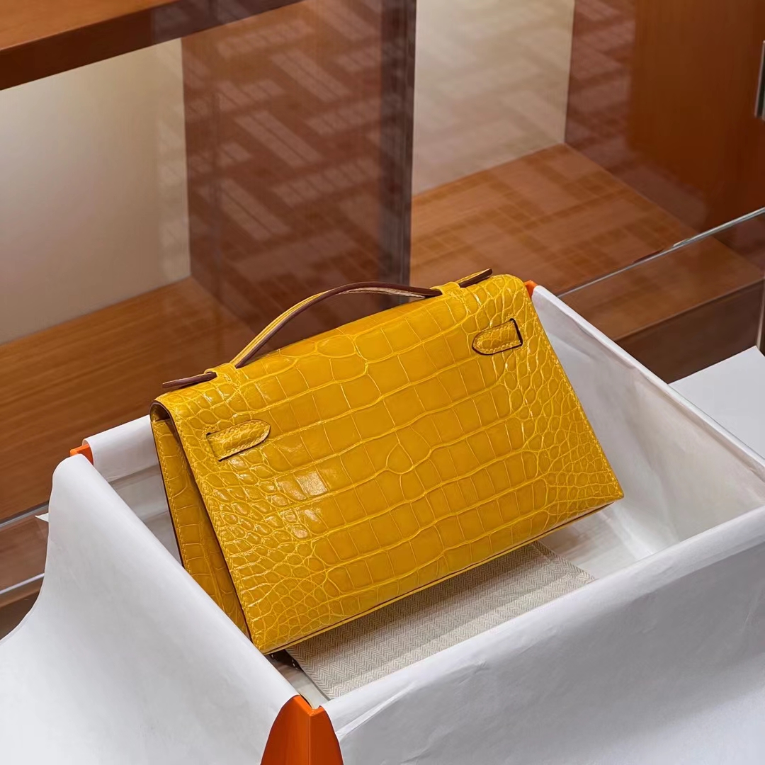 HERMES 爱马仕 MiniKelly 1 9D 琥珀黄 Alligator 美洲鳄 进口蜜蜡线 全手工制作 蜜蜡线内缝 Birkinmm 铂金女王