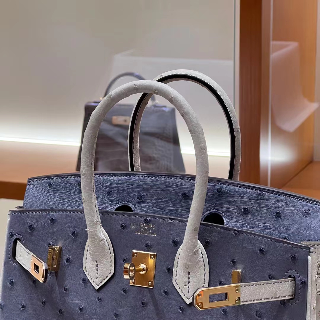 HERMES 爱马仕 Birkin 25CM Ostrich 鸵鸟皮 8U Bleu Glacler 冰川蓝 10 Craie粉笔白 进口蜜蜡线 全手工制作