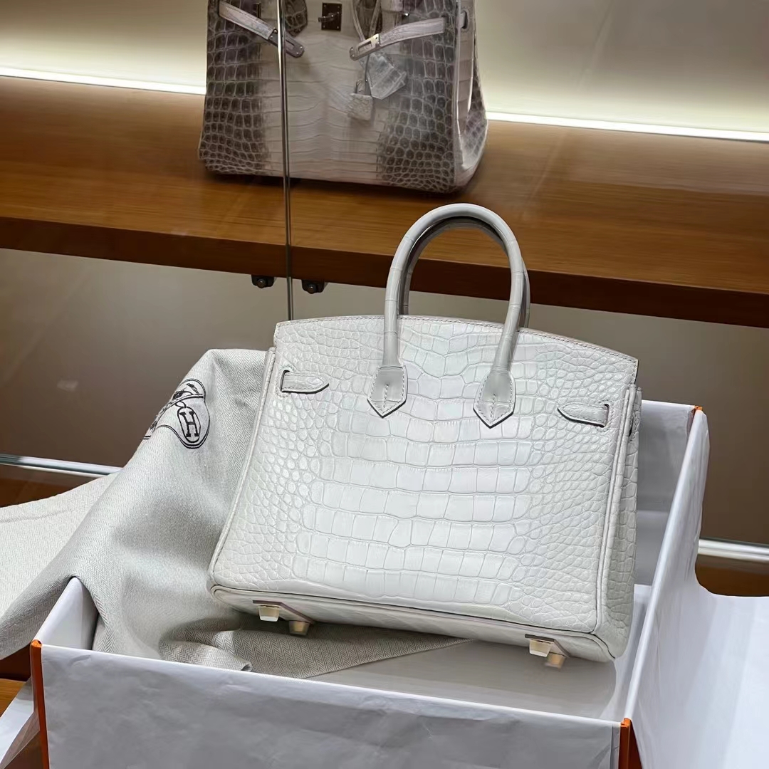 HERMES 爱马仕 Birkin 25CM 8L 冰川白 Alligator 美洲鳄 进口蜜蜡线 全手工制作 蜜蜡线内缝 Birkinmm 铂金女王