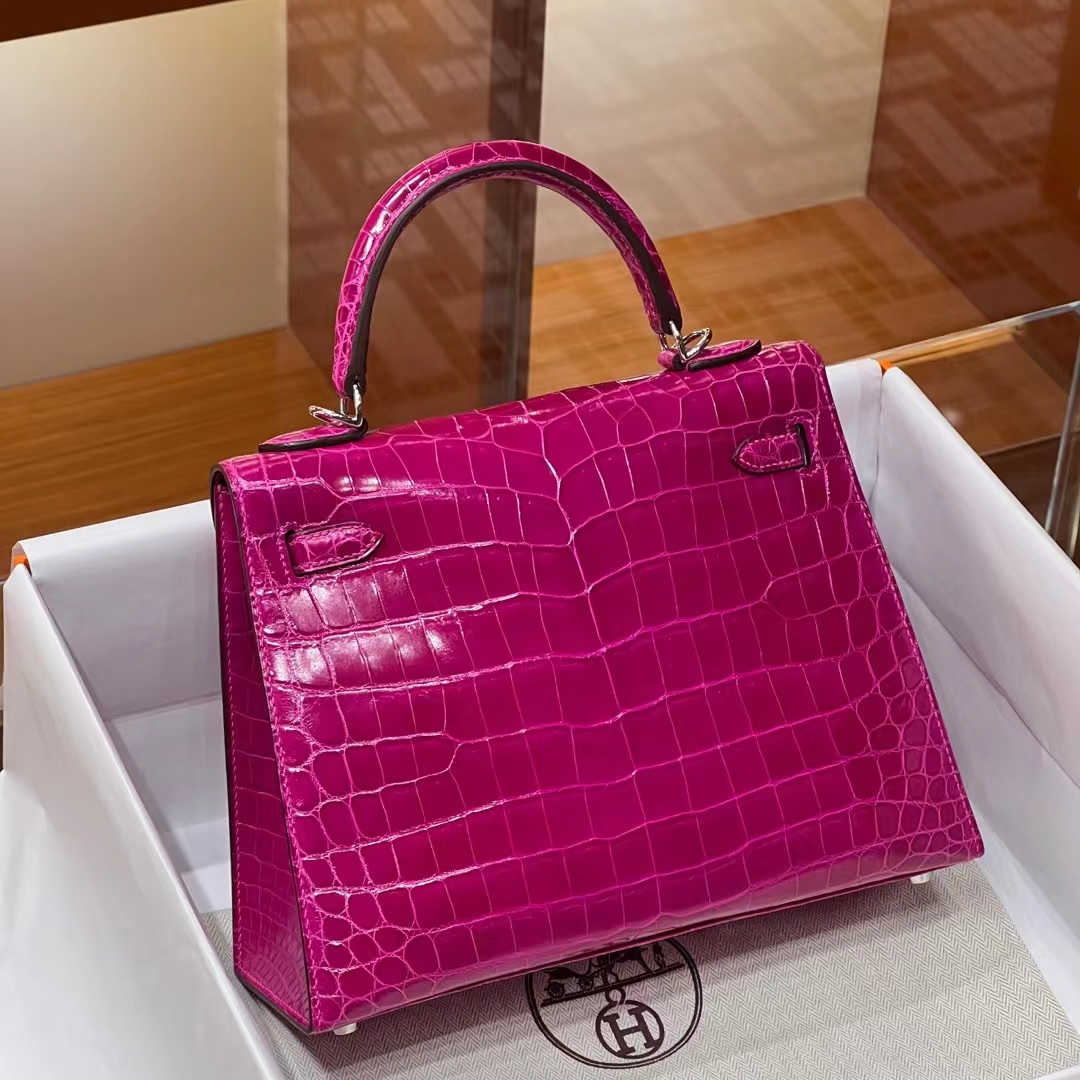 HERMES 爱马仕 Kelly 25/28cm 5J Fushsia悬铃花紫/天方夜谭紫 Alligator 美洲鳄 进口蜜蜡线 全手工制作 蜜蜡线内缝 Birkinmm 铂金女王