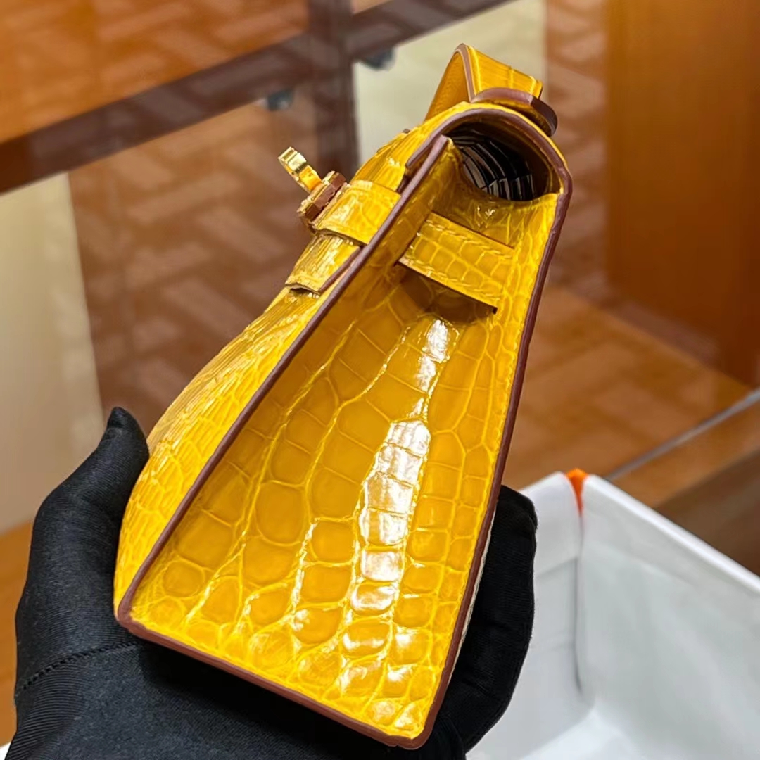 HERMES 爱马仕 MiniKelly 1 9D 琥珀黄 Alligator 美洲鳄 进口蜜蜡线 全手工制作 蜜蜡线内缝 Birkinmm 铂金女王