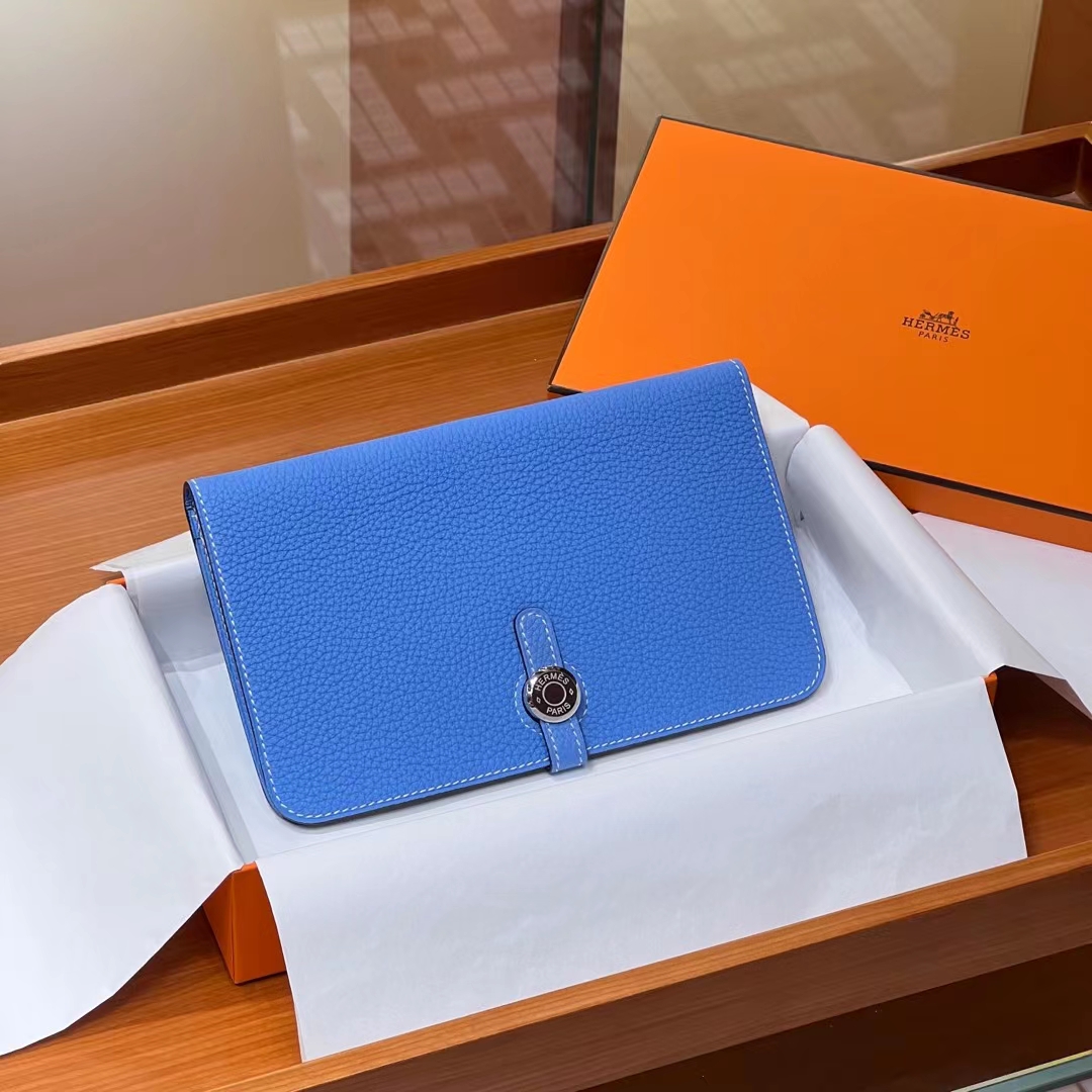 HERMES 爱马仕 Dogon护照夹钱包7Q Mykonos希腊蓝 TOGO 进口蜜蜡线 全手工制作 蜜蜡线内缝 Birkinmm 铂金女王